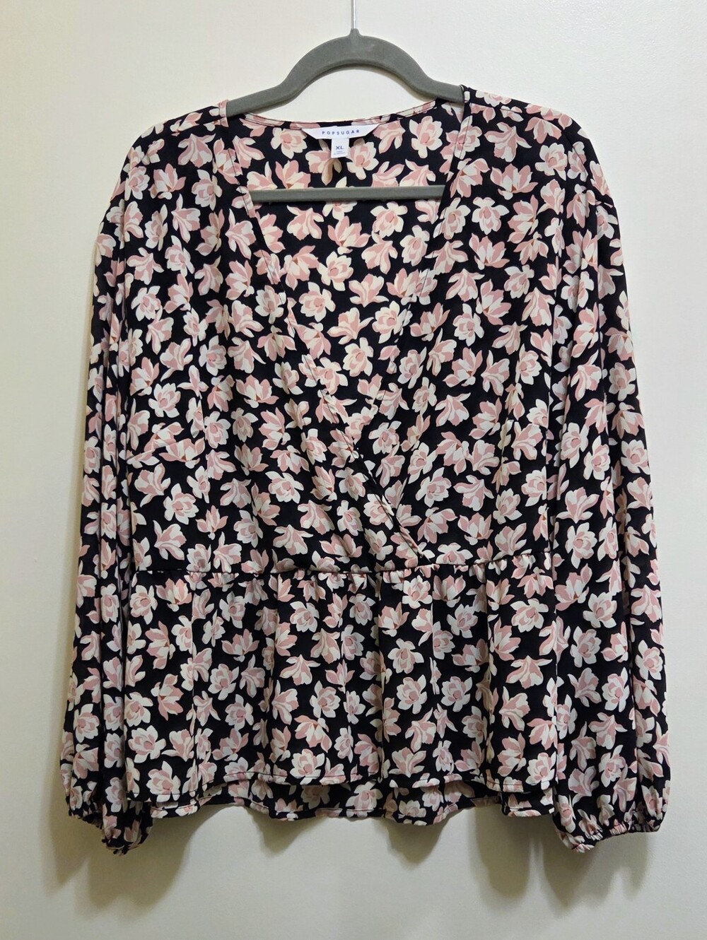 POPSUGAR Black And Pink Floral Babydoll Balloon Sleeve Blouse XL